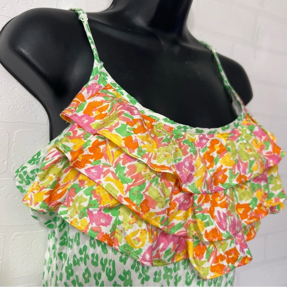 RIXO Target Green Leopard Print Ruffle Romantic Boho Midi Slip Dress Size M